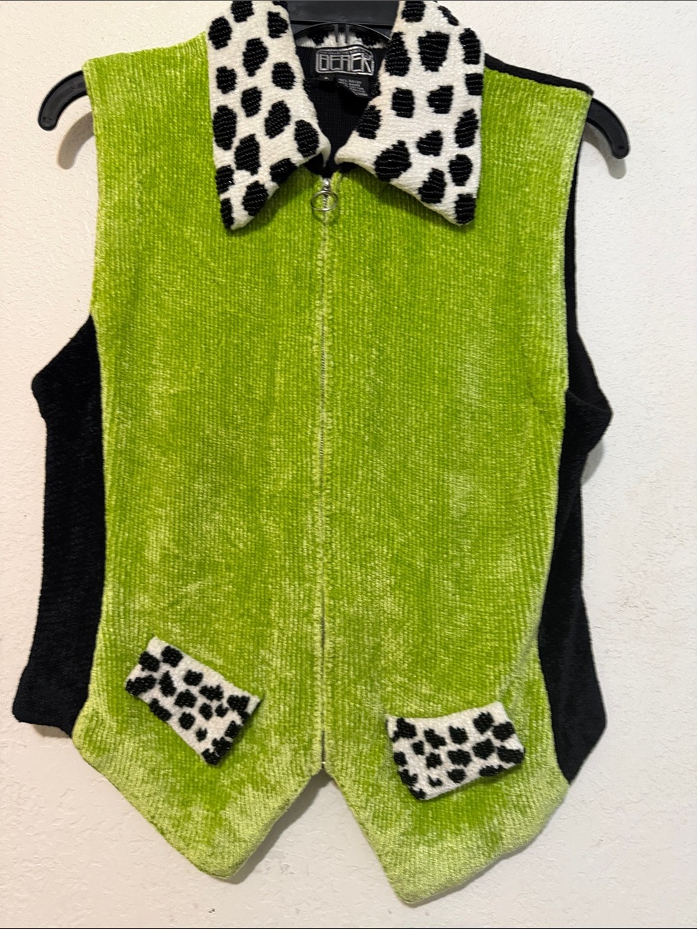 Vtg Berek Lime Green Chenille Beaded Dalmatian Zip Sweater Vest SzL